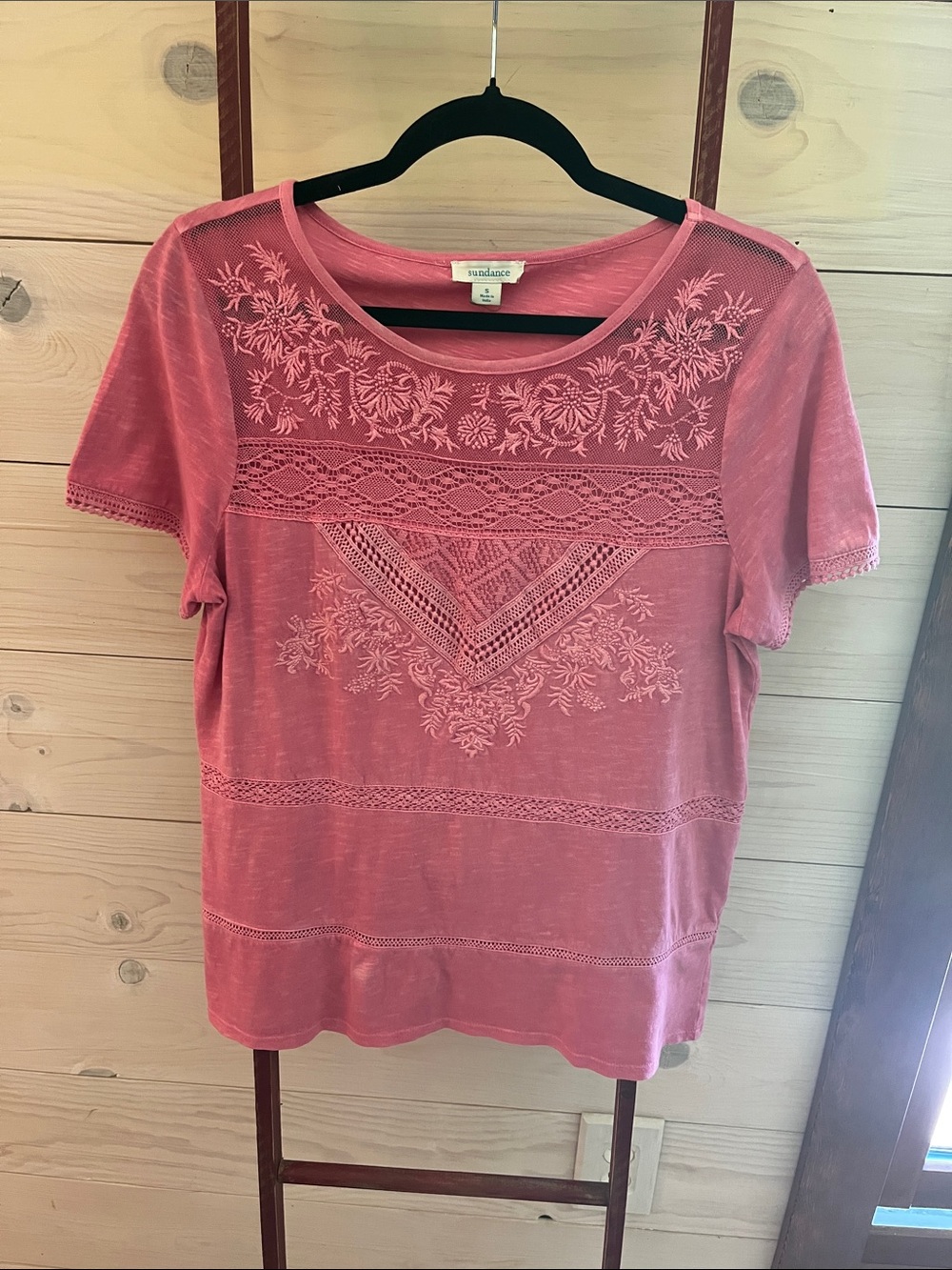 Sundance Rose-Pink Embroidered Short Sleeve Tee
